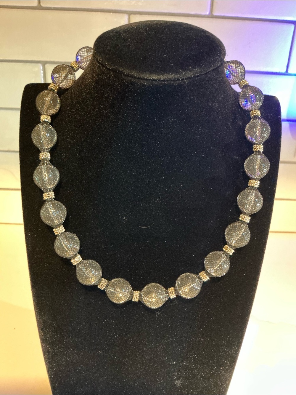 Sparkling Silver Mesh Bead Necklace with Gold Accents - Women Jewelry